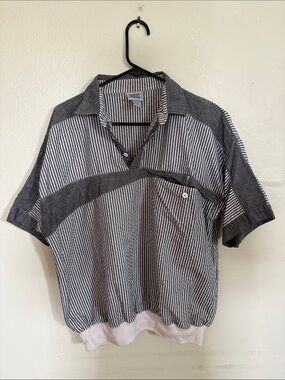 Striped Short-Sleeve Polo Shirt in Black and White